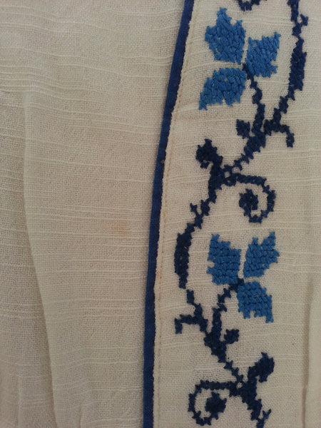German White Dress with Blue Needlework & Peplum Pockets <br> B-34" W-26" H-37"