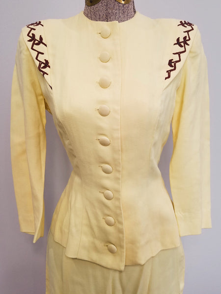 Yellow Skirt Suit with Brown Trim <br> (B-33" W-24" H-34")