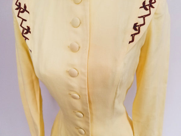 Yellow Skirt Suit with Brown Trim <br> (B-33" W-24" H-34")