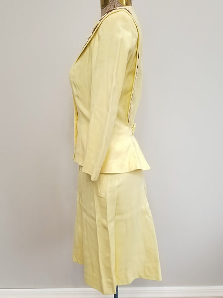 Yellow Skirt Suit with Brown Trim <br> (B-33" W-24" H-34")