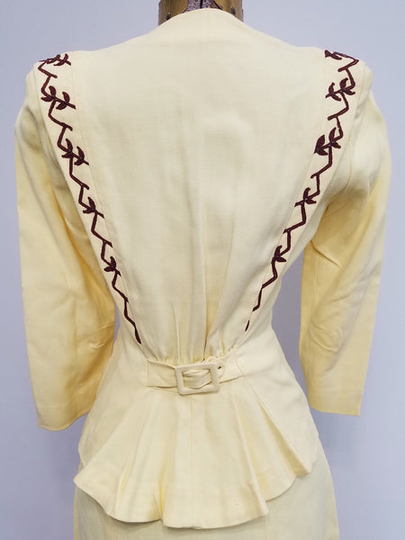 Yellow Skirt Suit with Brown Trim <br> (B-33" W-24" H-34")