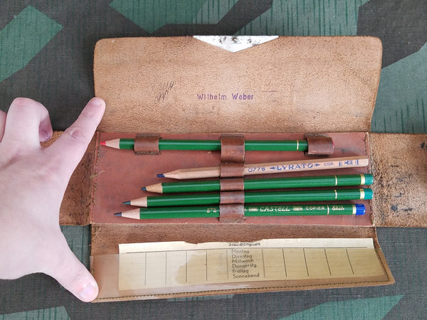 Brown Leather Pencil Case with 5 Colored Pencils