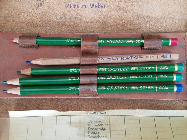 Brown Leather Pencil Case with 5 Colored Pencils