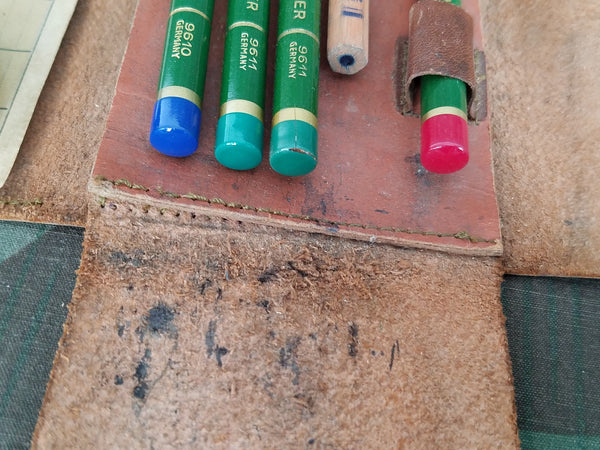 Brown Leather Pencil Case with 5 Colored Pencils