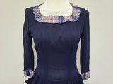 Dark Blue Rayon Dress with Plaid Trim <br> (B-35" W-25.5" H-38")