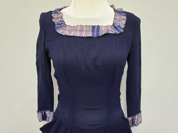 Dark Blue Rayon Dress with Plaid Trim <br> (B-35" W-25.5" H-38")