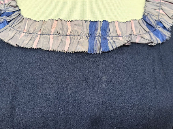 Dark Blue Rayon Dress with Plaid Trim <br> (B-35" W-25.5" H-38")