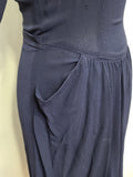 Dark Blue Rayon Dress with Plaid Trim <br> (B-35" W-25.5" H-38")