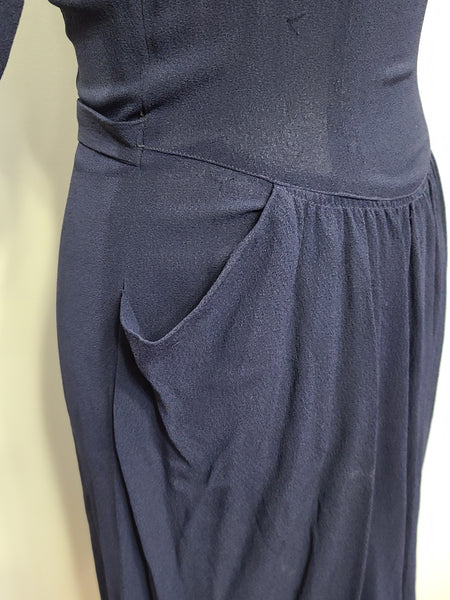 Dark Blue Rayon Dress with Plaid Trim <br> (B-35" W-25.5" H-38")