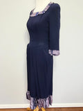 Dark Blue Rayon Dress with Plaid Trim <br> (B-35" W-25.5" H-38")