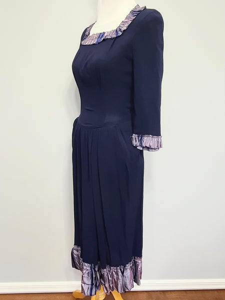 Dark Blue Rayon Dress with Plaid Trim <br> (B-35" W-25.5" H-38")