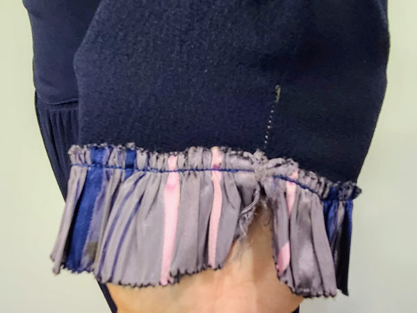 Dark Blue Rayon Dress with Plaid Trim <br> (B-35" W-25.5" H-38")