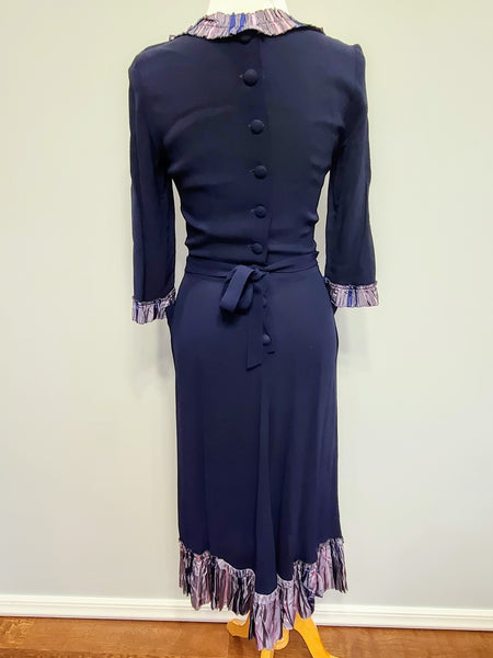 Dark Blue Rayon Dress with Plaid Trim <br> (B-35" W-25.5" H-38")