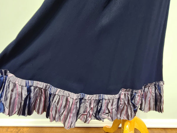 Dark Blue Rayon Dress with Plaid Trim <br> (B-35" W-25.5" H-38")