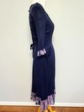Dark Blue Rayon Dress with Plaid Trim <br> (B-35" W-25.5" H-38")