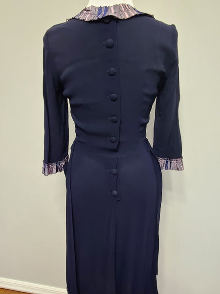 Dark Blue Rayon Dress with Plaid Trim <br> (B-35" W-25.5" H-38")