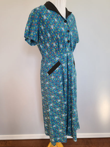 Teal Leaf Print Dress <br> (B-40" W-31" H-41")