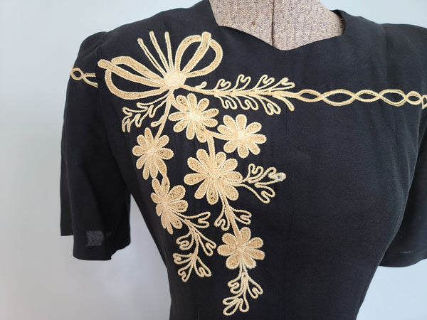 Black Dress with Flower Embroidery Buttons in Back <br> (B-36" W-28" H-39")