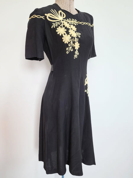 Black Dress with Flower Embroidery Buttons in Back <br> (B-36" W-28" H-39")
