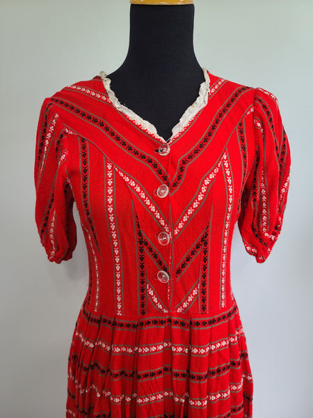 German Red Print Dirndl Dress <br> (B-34" W-29" H-44")