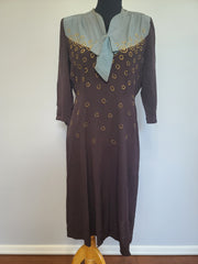 Blue and Brown Rayon Dress with Gold Accents <br> (B-40" W-30.5" H-38")