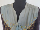 Blue and Brown Rayon Dress with Gold Accents <br> (B-40" W-30.5" H-38")