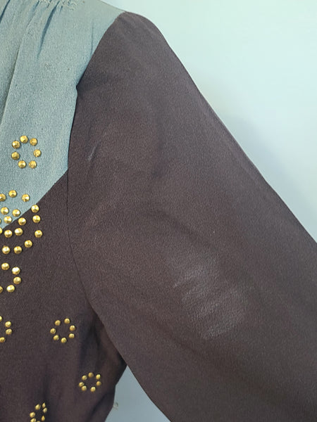 Blue and Brown Rayon Dress with Gold Accents <br> (B-40" W-30.5" H-38")