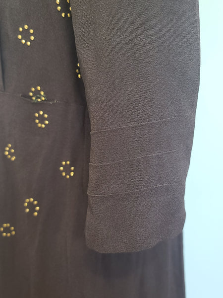 Blue and Brown Rayon Dress with Gold Accents <br> (B-40" W-30.5" H-38")