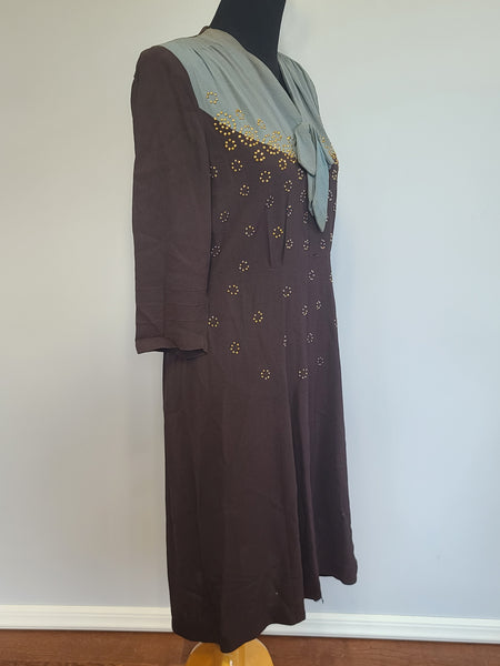 Blue and Brown Rayon Dress with Gold Accents <br> (B-40" W-30.5" H-38")