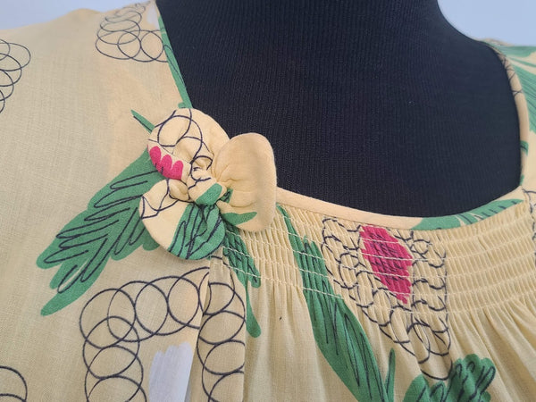 Yellow Abstract Flower Print Dress <br> (B-38" W-30" H-42")