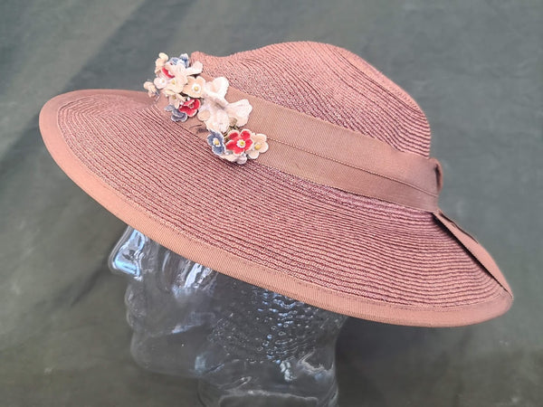 Light Brown Straw Hat with Flowers