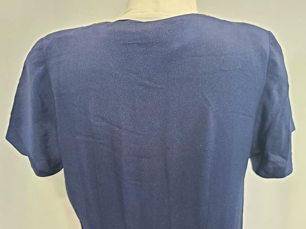 Navy Blue Rayon Dress with Lace Trim and Pleats <br> (B-41" W-33" H-45")