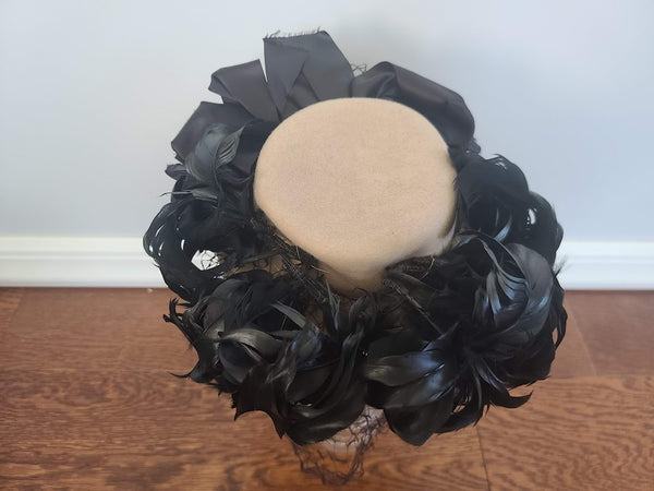 Beige Tilt Hat with Black Feathers