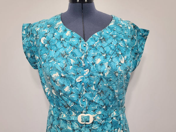 Blue Flower Print Dress and Belt <br> (B-46" W-38" H-46")