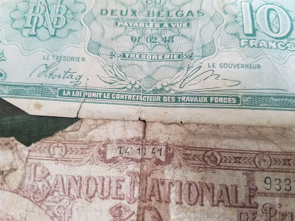 WWII Belgian 10 & 20 Franc Notes Paper Money