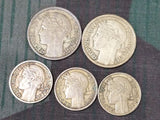 Early War French Francs Coins (Set of 5) 1934/1938/1940/1941