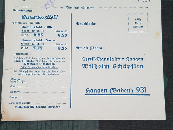 Radio Collection Tax Card / Dress Mail Order Form 1937