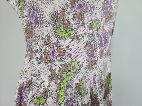 Purple and Green Flower Print Dress <br> (B-40" W-34" H-41")