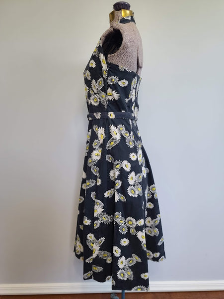 Black Sunflower Print Halter Dress <br> (B-30" W-25" H-40")