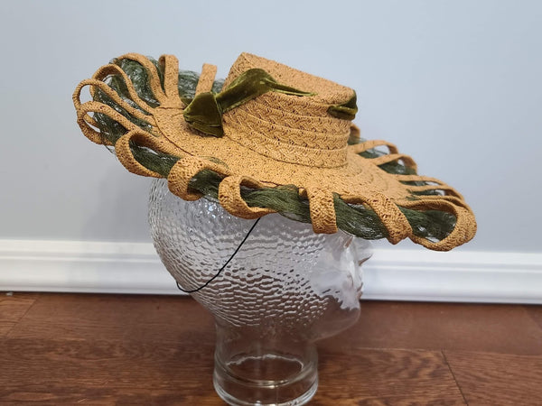 Straw Tilt Hat with Green Netting & Velvet