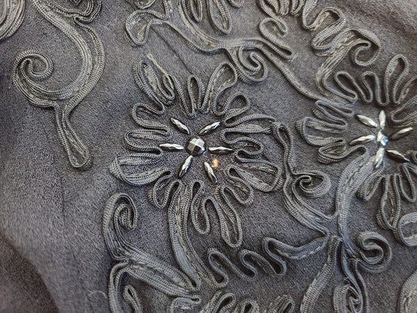 Black Rayon Skirt Suit with Soutache <br> (B-40" W-32" H-43")