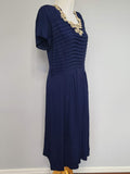 Navy Blue Rayon Dress with Lace Trim and Pleats <br> (B-41" W-33" H-45")