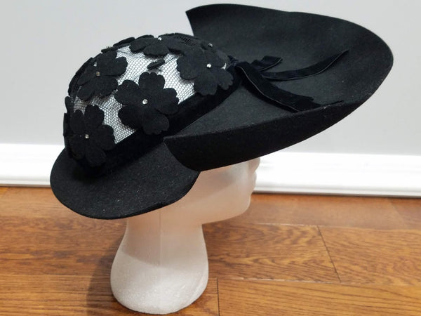 Black Wide Brim Hat with Mesh and Rhinestones