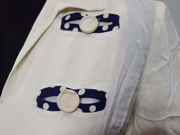 White Dress with Blue Accents <br> (B-39" W-28" H-38")