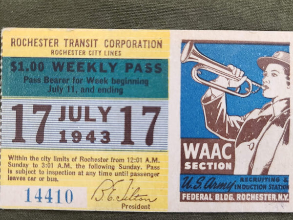 Rochester NY 1943 Transit Pass with WAC