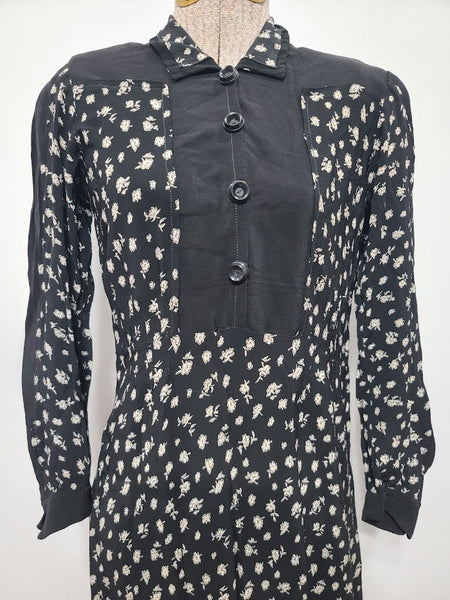 German Black Flower Print Dress <br> (B-35" W-28" H-35")