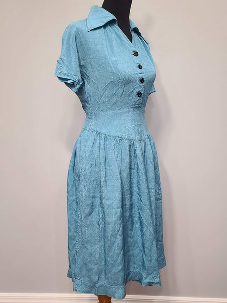 Blue Dress with Flower Buttons <br> (B-38" W-27" H-48")
