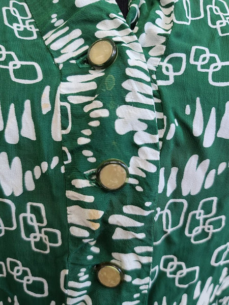 Green and White Print Dress <br> (B-42" W-33.5" H-38")