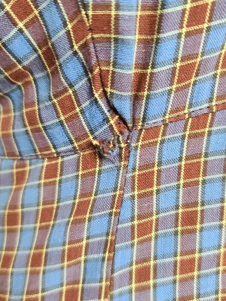 Blue Brown Plaid Dress with Yellow Flower Pocket <br> (B-40" W-28" H-36")