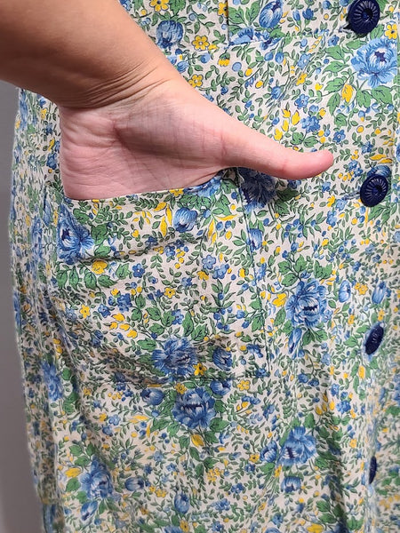 Blue and Green Flower Print Button Down Dress <br> (B-44.5" W-37" H-45")